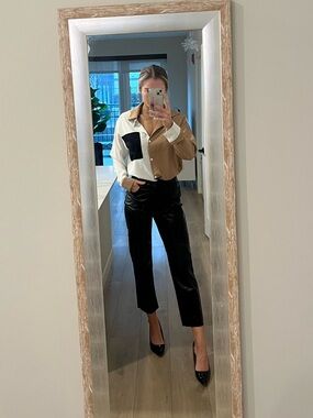 Tan White Colorblock Button Down Shirt Women Size S Work Office Blouse Chic